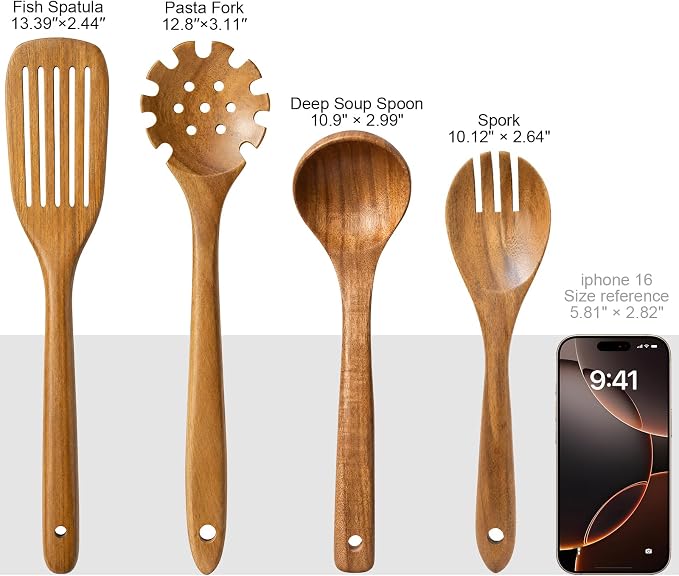 Wooden Spoons for Cooking, 4-Piece Teak Wood Kitchen Utensil Set, Nonstick Safe Wooden Cooking Utensils-Includes Soup Ladle, Pasta Spoon, Slotted Spoon, Salad Fork, for Everyday Meals(A04) - Image 7