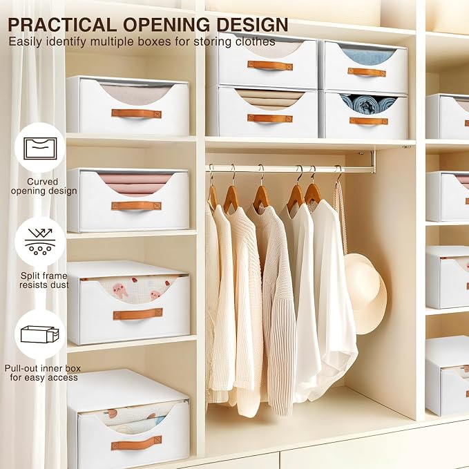 Stackable Storage Drawers - Large Collapsible Storage Bins with Drawers, 8 Pack Closet Shelf Organizer Basket, Fabric Pull Out Organizer for Bedroom, Living Room, Dorm, White - Image 6