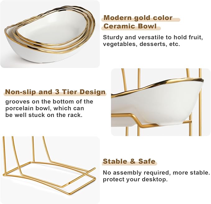 Fruit Bowl for Kitchen Counter, 3 Tier Fruit Basket for Counter, Ceramic Holder, Tiered Stand with Metal Stand, Detachable Rack for Fruit Vegetable Snack Dessert Storage (White) - Image 4