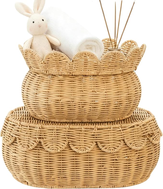 Tebery Set of 2 Wicker Storage Baskets with Lid, Hand Woven Scalloped Basket Boxes for Shelf, Sturdy Rattan Storage Bin Organizer for Home Decoration, Display - Image 4