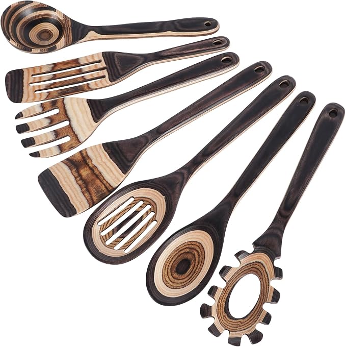 MYRAINBOW Wooden Spoons for Cooking, 7 Piece Pakkawood Kitchen Utensils Set with Spatulas, Spoons, Ladles, and Turner for Mixing, Serving & Cooking by Myrainbow