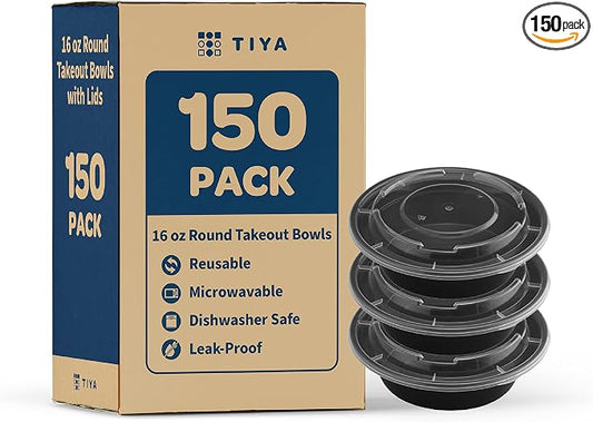 TIYA Food Containers – 16 oz Bulk 150 Pack with Lids – Plastic Food Storage To-Go Round Bowls – Reusable, Microwavable, Dishwasher Safe – Leak-Proof and Great for Meal Prep – BPA-Free by TTIYA