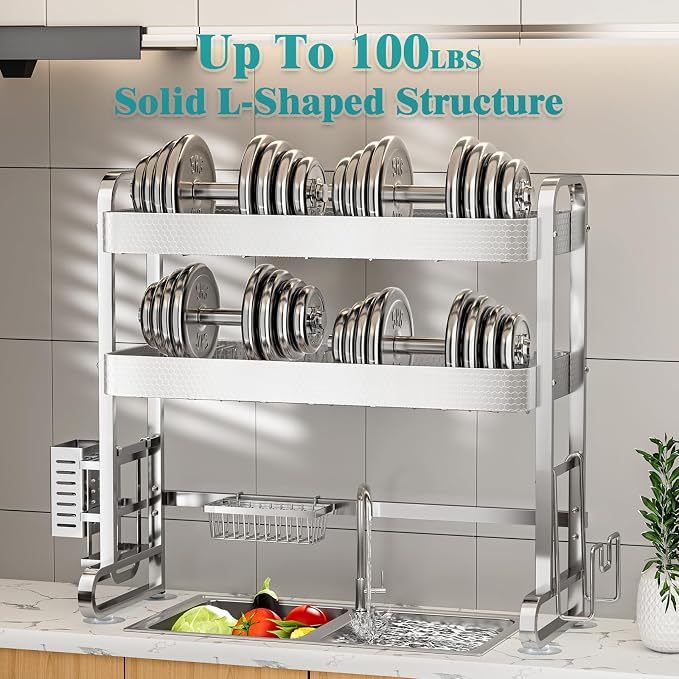HOWDIA 3-Tier Over The Sink Dish Drying Rack, 304 Stainless Steel | Honeycomb Design, Cutlery Holder & Chopping Board Rack, 33.86” x 11.81” x 33.07” for Maximum Kitchen Storage - Image 6