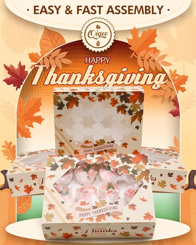 qiqee Thanksgiving 12 Cupcake Boxes with Window 16-Packs Cupcake Box 13"x10"x3.5" Cupcakes Carrier, 12 Cupcake Containers For Thanksgiving Day - Image 4