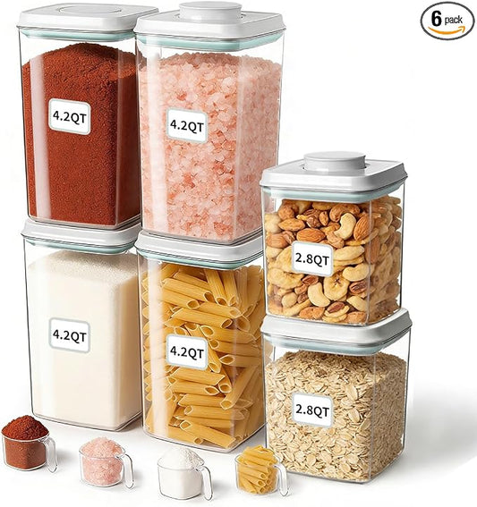 Airtight Food Containers Set with One-Touch Lid, Mixed Size Set (2.8 Qt *2+ 4.2 Qt *4) with Scoop, Stackable Jars for Complete Kitchen Organization by EQI