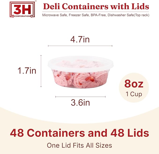 8 oz plastic containers with lids(48Set/96Pcs) BPA-Free Plastic Soup Containers with lids, Freezer Microwave Safe Small Cups for Portion Condiment Dipping Sauce, Salad Dressing - Image 2