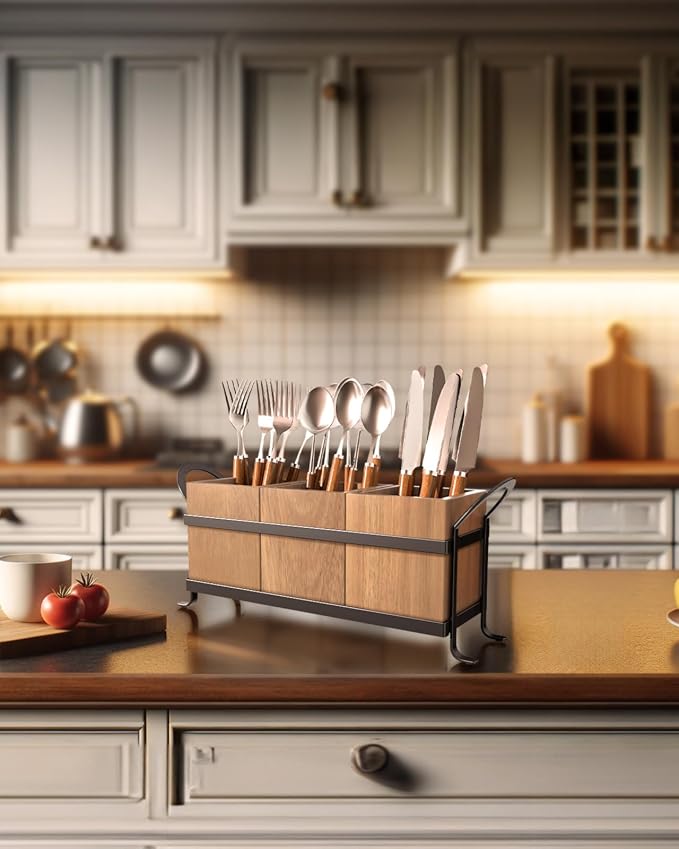 Utensil Holder for Party - Silverware Caddy with Three Compartments, Detachable, Portable Handle, Stylish Cutlery Holder for Countertop and Outdoor Use - Image 7