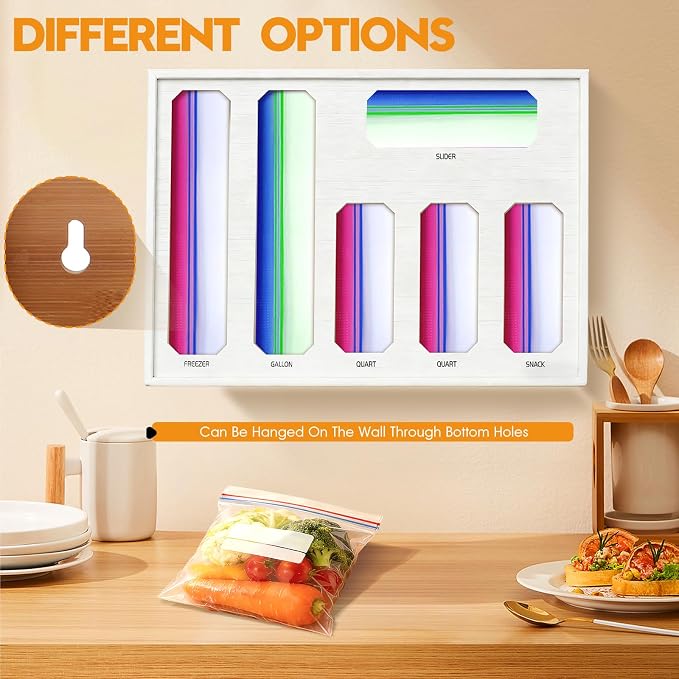 6 in 1 Bamboo Ziploc Bag Storage Organizer, White Baggie Organizer for Drawer with Sliding Lid - Fits Gallon, Quart, Sandwich, Snack & Freezer Bags, Wall Mountable Kitchen Drawer Organization - Image 6