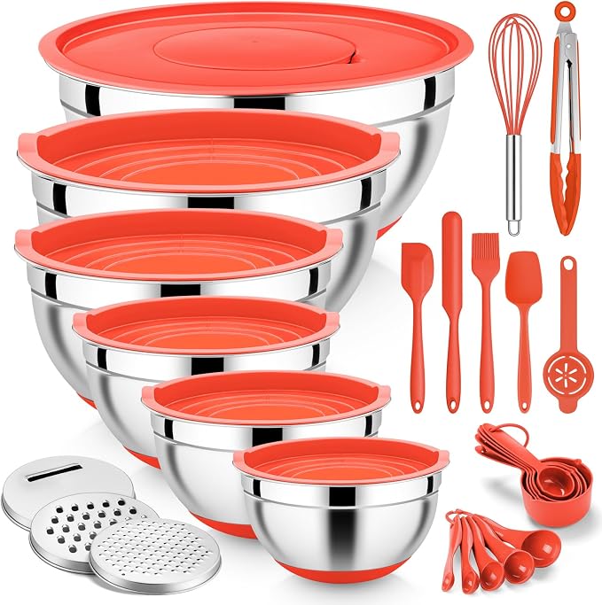 E-far Mixing Bowls with Lid Set, 25PCS Stainless Steel Nesting Prep Bowls with Grater Attachments Utensils Non-Slip Bottoms for Cooking, Baking, Serving, Food Storage, 4.6/2.6/2/1.5/1/0.7QT - Red by E-far