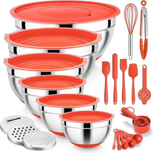 E-far Mixing Bowls with Lid Set, 25PCS Stainless Steel Nesting Prep Bowls with Grater Attachments Utensils Non-Slip Bottoms for Cooking, Baking, Serving, Food Storage, 4.6/2.6/2/1.5/1/0.7QT - Red by E-far