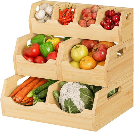 Upgraded 3-Tier Bamboo Pantry Storage Bins, Ventilated Stackable Potato & Onion Organizer w/ Spice Tray & 3 Veggies Baskets for Kitchen, Pantry, Bathroom & Living Room by MTGSTOCL
