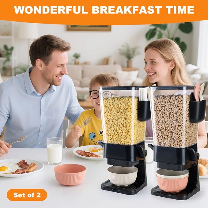 Osacoe Cereal Dispenser Countertop Black 2 Pack with Bowls Spoons Cutlery Box,5.5 QT Dry Food Dispenser Snack Organizer Containers Storage for Pantry Kitchen Organization Oatmeal Nut Granola Candy - Image 2