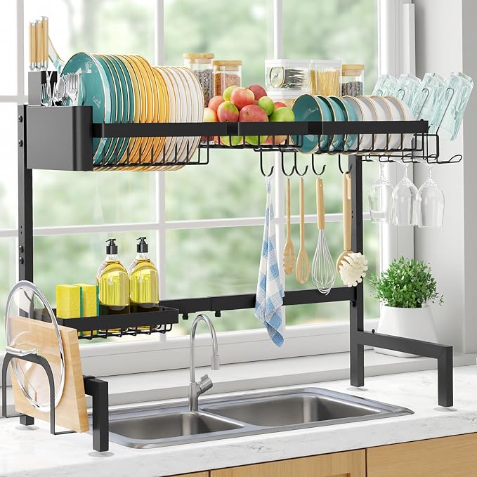 Sakugi Over The Sink Dish Drying Rack - Adjustable 2 Tier X-Large Capacity Stainless Steel Drainer with Cutlery & Utensil Holders, Kitchen Storage & Organization, 31.5"-39.5"L x 12"W x 24.5"H, Black by Sakugi