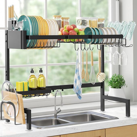 Sakugi Over The Sink Dish Drying Rack - Adjustable 2 Tier X-Large Capacity Stainless Steel Drainer with Cutlery & Utensil Holders, Kitchen Storage & Organization, 31.5"-39.5"L x 12"W x 24.5"H, Black by Sakugi