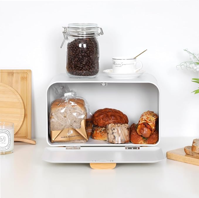 White Bread Box for Kitchen Countertop - Large Capacity Bread Storage Container Farmhouse Bread Box - Stylish Metal Bread Keeper - Image 5
