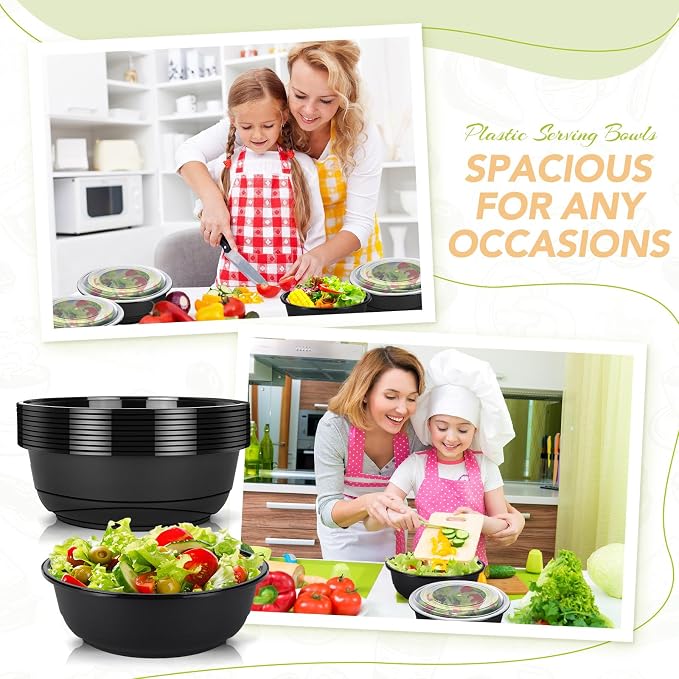 20 Pack 135 oz Large Plastic Serving Bowls with Lids Round Extra Large Disposable Salad Bowls Containers Chip Candy Dish for Salads and Snacks Party Picnic Buffet Eating(Black) - Image 4