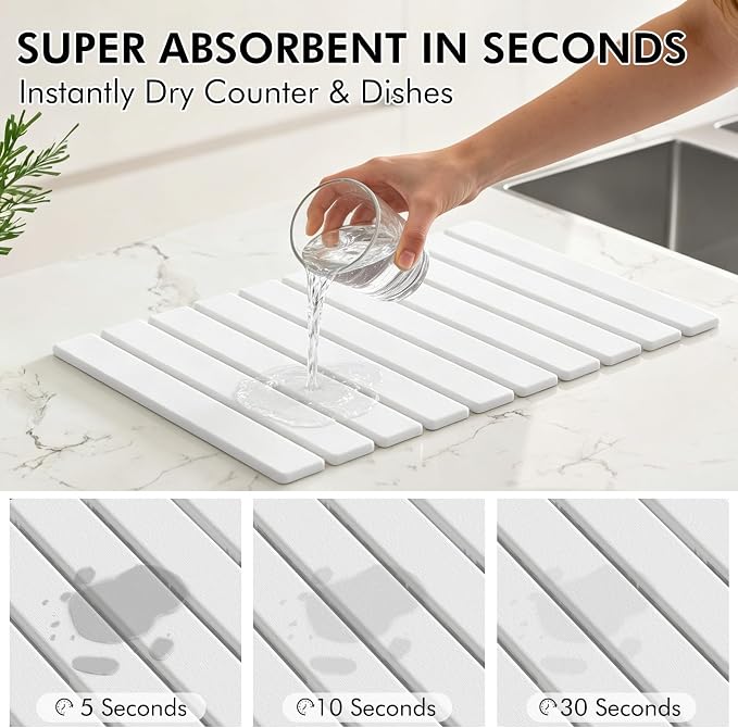 4 Pcs Stone Dish Drying Mat Set, 24''x16'' Large Super Absorbent Diatomaceous Earth Stone Drying Mat Faucet Mat with 2 Coasters, Collapsible Quick Dry Mat for Kitchen Counter Dishes - Image 3
