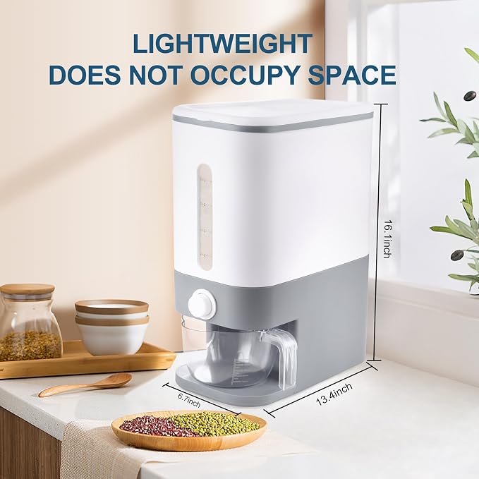 Rubtlamp 22.5-25 Lbs Gray Rice Dispenser, Rice Container with Lid, Rice Storage Container with Measuring Cup, Food Dispenser Rice Container, Storage Container for Cereal, Household Rice Bucket - Image 2