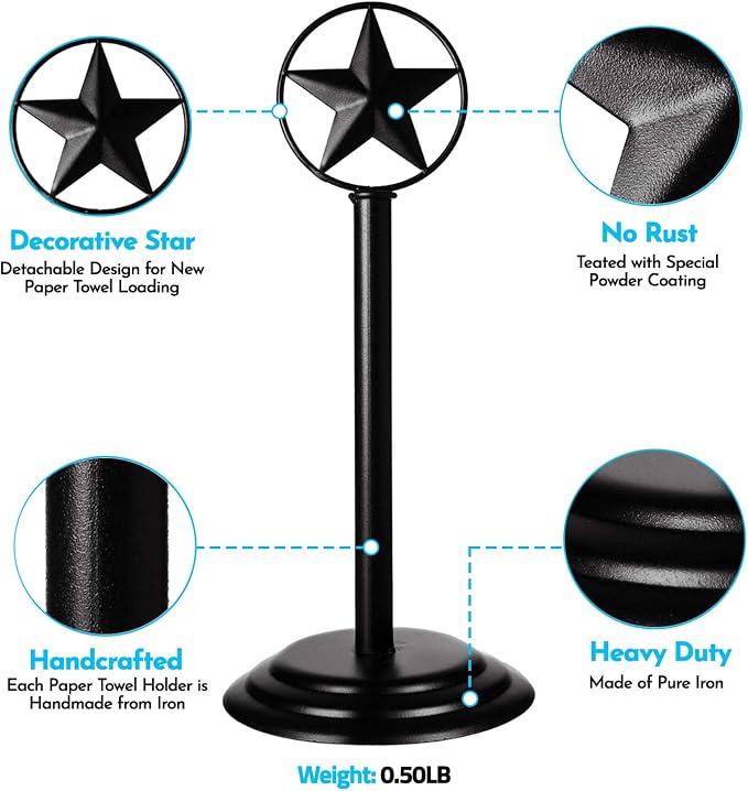 Black Rustic Texas Star Paper Towel Holder - Country Farmhouse Iron Metal Primitive Kitchen Countertop Paper Towel Holders, Western Style Stand for Paper Towels, Table Decor (Paper Towel Holder) - Image 4