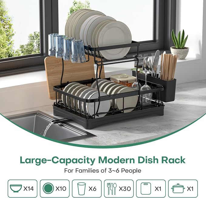 2 Tier Dish Rack, Carbon Steel Dish Drying Rack for Kitchen Organization & Storage, Countertop / Sink Dish Rack with Automatic Drain Tray, Large Capacity Black Dish Rack - Essential Home Kitchen Item - Image 2