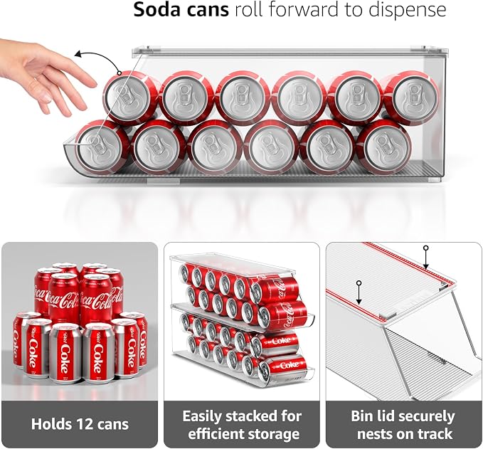 Sorbus Soda Can Organizer for Refrigerator & Egg Holder for Fridge Set, 4 Stackable Can Holder Dispenser Holds 12 Cans Each & 2 Egg Holders with Lid holds 14 eggs for Fridge, Pantry, Freezer, BPA-Free - Image 6