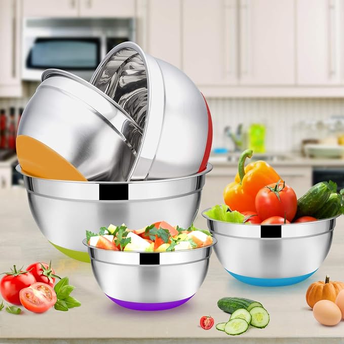 22-Piece Mixing Bowls with Lids & Accessories Set, E-far Stainless Steel Nesting Bowls with Colorful Covers & Non-Slip Bottoms, Metal Bowls for Cooking/Baking/Serving/Storage - Size 7/3.5/2.5/1.5/1 QT - Image 7