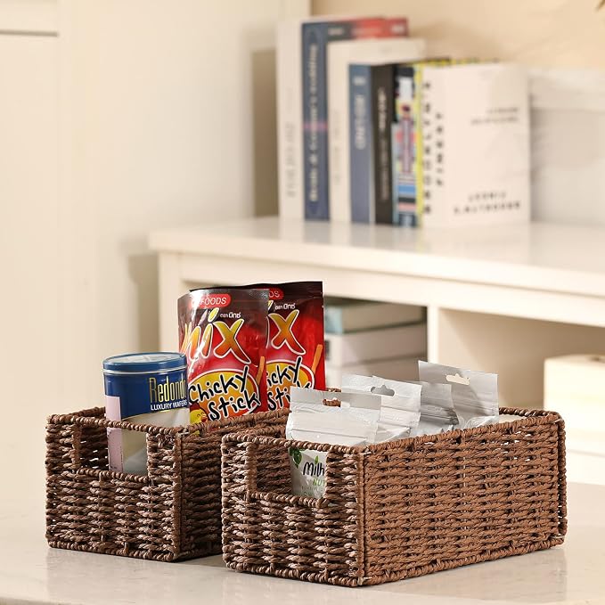 Wicker Baskets for Storage, Set of 5 Hand-Woven Wicker Storage Baskets for Shelves, Cube Storage Baskets Bins with Handles, Wicker Basket for Organizing Pantry Bedroom, Brown - Image 7