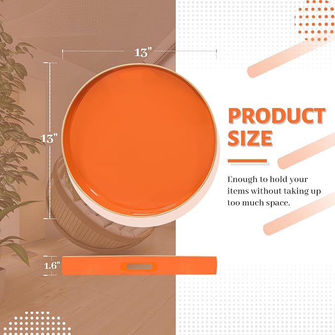 13" Orange Decorative Tray, Plastic Round Serving Tray with Handles | Decorative Tray for Coffee Table, Modern Ottoman Tray, Circle Tea Tray, Round Melamine Tray for Living Room, Bathroom - Image 2