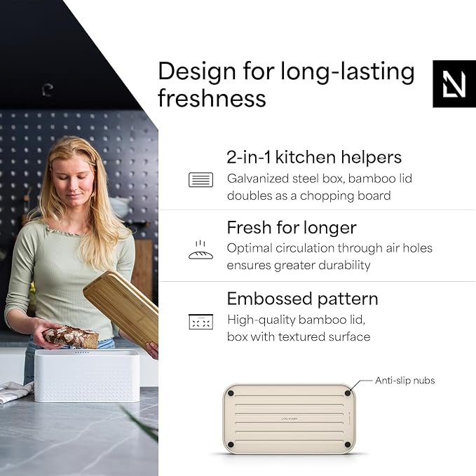 LARS NYSØM Bread Box I Metal bread box for long lasting freshness with non-slip pads I Baked goods Bin with bamboo lid usable as cutting board I 13.6x7.3x6.2in (Cream Beige) - Image 2