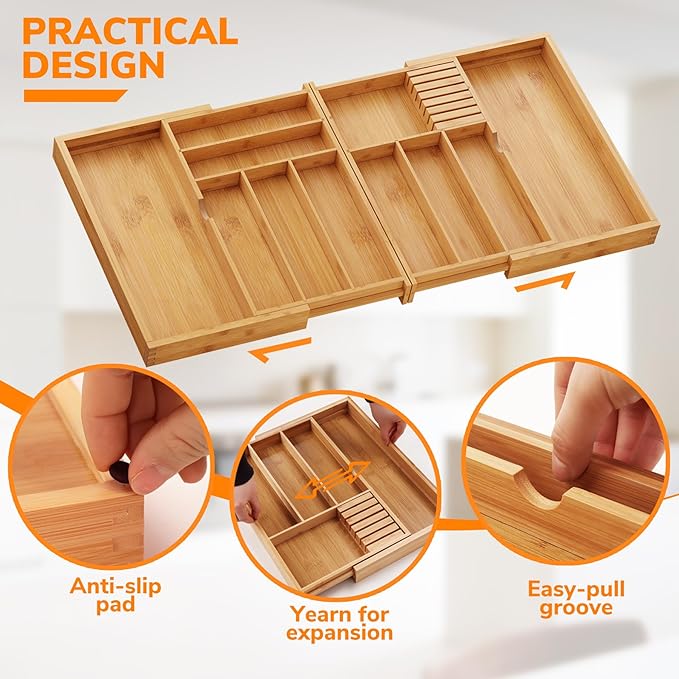BAMEOS Expandable Silverware Drawer Organizer with Removable Knife Blocks, Bamboo Kitchen Utensil Holder from 21" to 36", Large Cutlery Tray with Divider for Forks, Spoons, Knives - Image 4