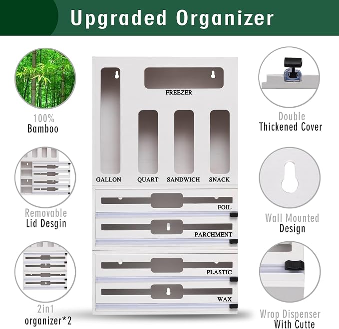 9 In 1 Storage Bag Organizer And Plastic Wrap Dispenser With Cutter, Bamboo Foil and Plastic Wrap Organizer - Image 2