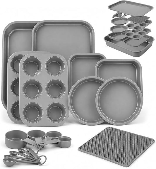 Non-Toxic 11-Piece All-in-One Nesting Bakeware Set - Space-Saving Stackable Nonstick Carbon Steel Baking Pans Set, PFOA-Free, Cookie Sheet, Roasting Pan, Square, 2 Muffin & 2 Cake Pans by Unknown