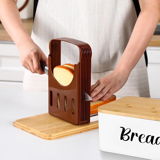 Teenyyou 2 Pcs Extra Large Bread Box with Slicer, Metal Bread Storage Container with Bamboo Cutting Board Lids, 2 Sizes Farmhouse Breadbox Set for Kitchen Countertop(White) - Image 4