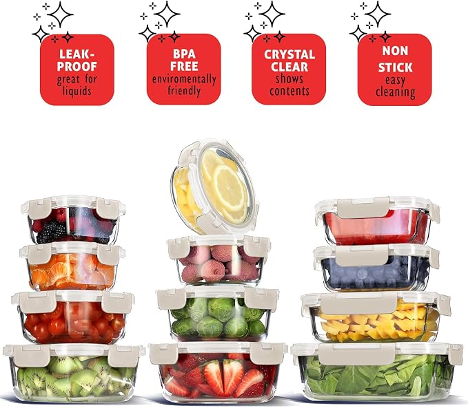 EATEX 24pc Glass Storage Containers with Lids, 12 Glass Food Storage Containers with 12 Airtight Lids for Pantry & Kitchen, Meal Prep Containers for Lunch, Oven Freezer Microwave & Dishwasher Safe - Image 7