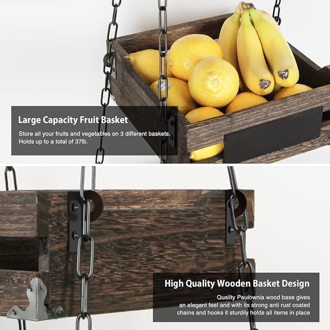 J JACKCUBE DESIGN 3-Tier Rustic Wood Hanging Fruit Basket, Kitchen Fruit, Vegetable Storage Organizer, Countertop Space Saver- Heavy Duty Metal Hooks- MK1008A - Image 6