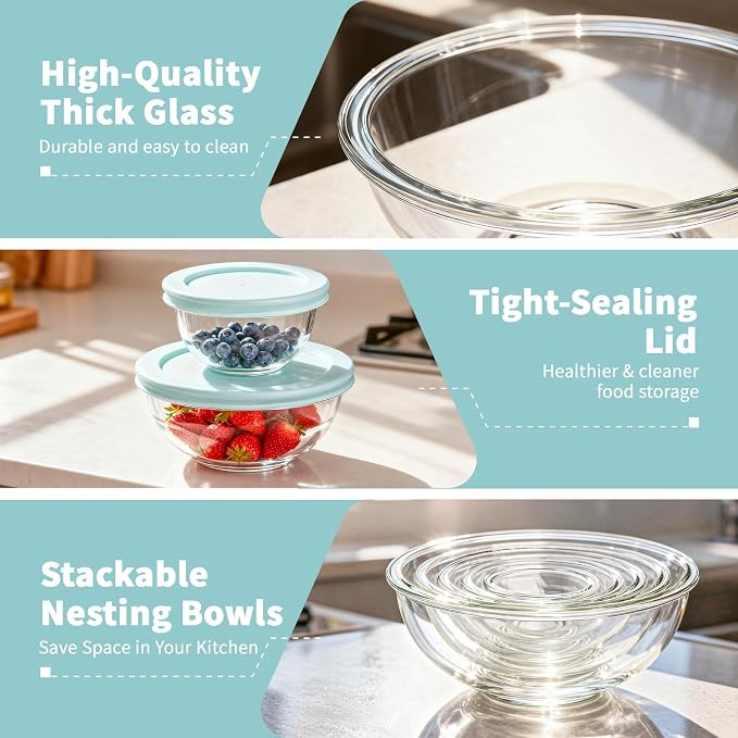 WhiteRhino Glass Mixing Bowl with Lids Set of 5, 0.2, 0.5, 1.1, 2.1, 3.75 QT, Large Salad Bowls with BPA-Free Lids, Space-Saving Nesting Bowls for Kitchen Food Storage, Glass bowl for Cooking, Baking - Image 4