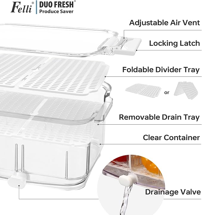 Felli Duo Fresh Produce Saver for Fridge, Fruit Vegetable Container with Vent & Drainage in Bottom for Wash, Colander Strainer Storage Bin for Refrigerator, Berry Lettuce Keeper - Image 3