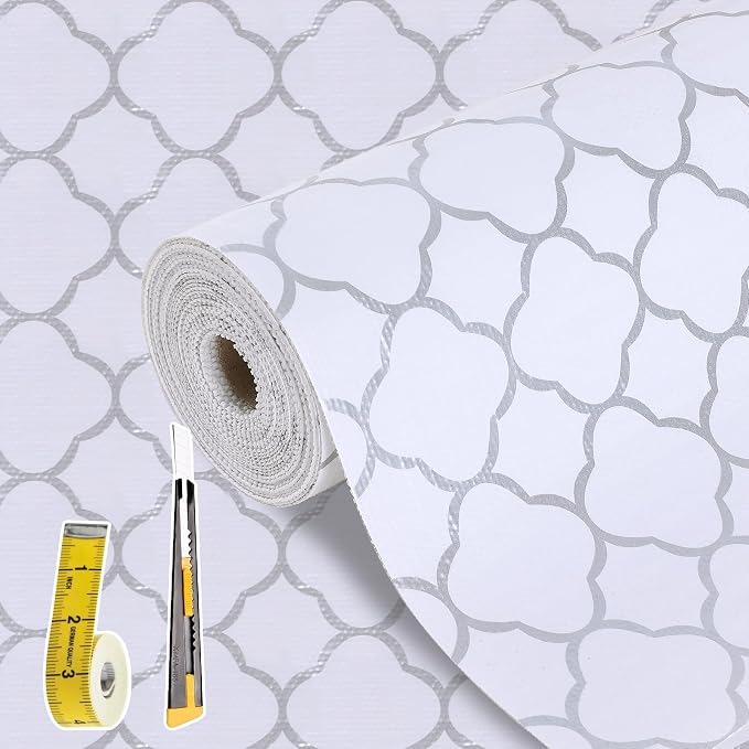 Shelf Drawer Liners for Kitchen Cabinets 12 in X 30 Ft Drawer Liner | Non Adhesive Thickened Refrigerator Liner Silver Quatrefoil Strong Non-Slip Paper for Tool Box with Knife and Tape Measure by Kimhan