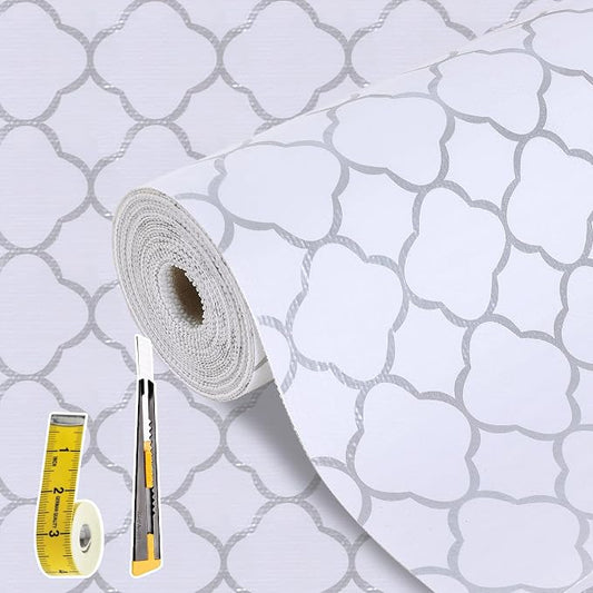 Shelf Drawer Liners for Kitchen Cabinets 12 in X 30 Ft Drawer Liner | Non Adhesive Thickened Refrigerator Liner Silver Quatrefoil Strong Non-Slip Paper for Tool Box with Knife and Tape Measure by Kimhan