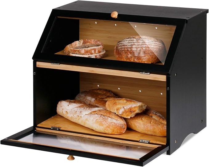 HOMEKOKO Double Layer Wooden Bread Box, Keep Bread Fresh Longer, Black | Keeps Bread Fresh 3-4 Days, Large Capacity Fits 2+ Loaves, Suitable For Home Kitchen Food Storage Use, See-Through Window - Image 2