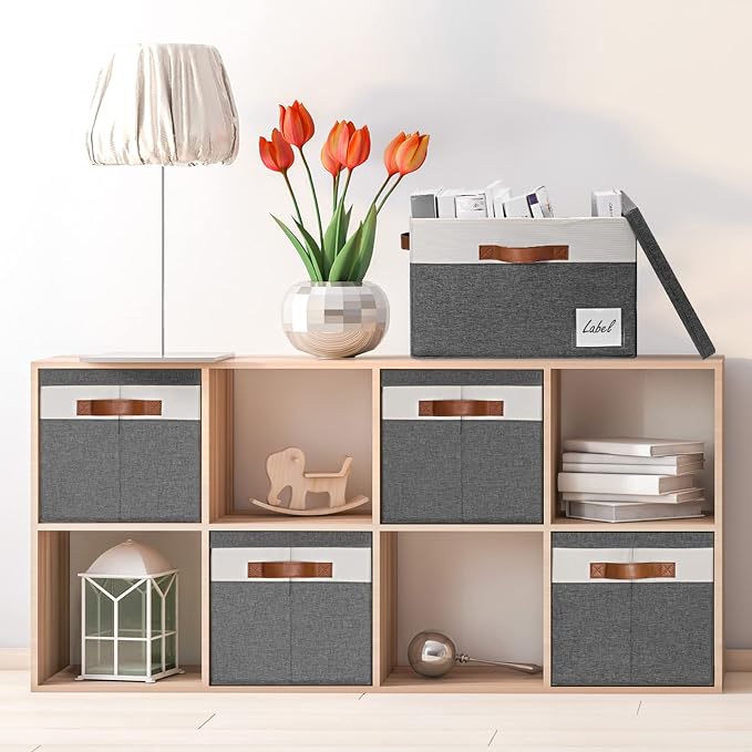 GhvyenntteS Extra Large Storage Bins with Lids, Foldable Fabric Storage Boxes with Lids and Handles, Storage Baskets with Lid and Label for Home Office (3 Pack, Grey, 15.75" x 11.8" x 10.2") - Image 7