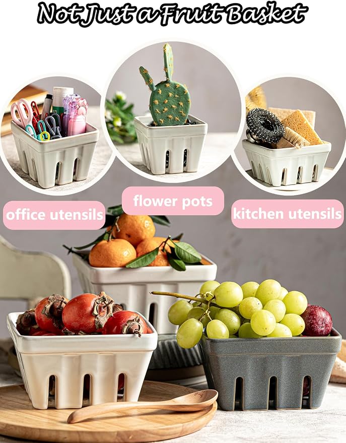 Gomakren Fruit Basket for Kitchen, Berry Washing Bowl, Ceramic Berry Basket Set of 2, Fruit Bowl with Holes, 5.7 Inch Square Berry Containers Colander - Farmhouse Kitchen Decor, White - Image 6