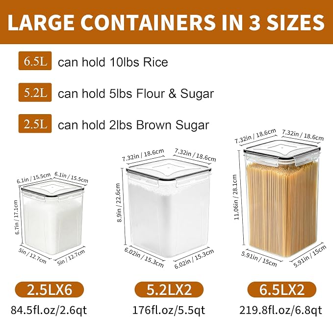 Flour Sugar Storage Containers, 10 Pack Large Airtight Food Storage Containers with Lids for Kitchen Pantry Organization and Storage, BPA Free Plastic Canisters Sets for Cereal, Rice and Baking - Image 2