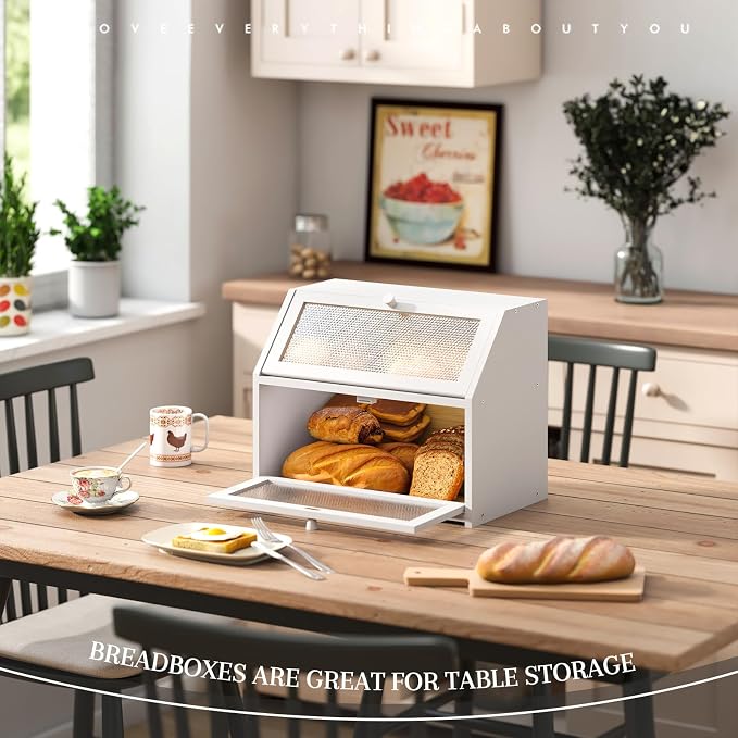 STDDRE Bread Box for Kitchen Countertop Bin Double Layer Bread Box Storage Container Extra Large Capacity Farmhouse with Diamond Pattern Windows (White, Large) - Image 3