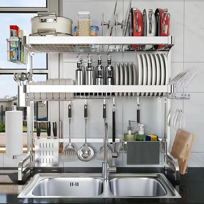 Over The Sink Dish Drainer Drying Rack, Full Stainless Steel 3-Tier Adjustable Length Over Sink Dish Drying Rack, Large Capacity Dish Rack Over Sink for Kitchen Counter, Pots & Pans Rack by Shrivee