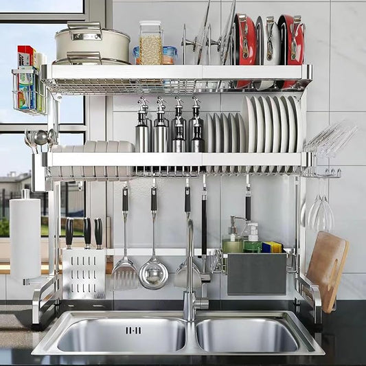 Over The Sink Dish Drainer Drying Rack, Full Stainless Steel 3-Tier Adjustable Length Over Sink Dish Drying Rack, Large Capacity Dish Rack Over Sink for Kitchen Counter, Pots & Pans Rack by Shrivee