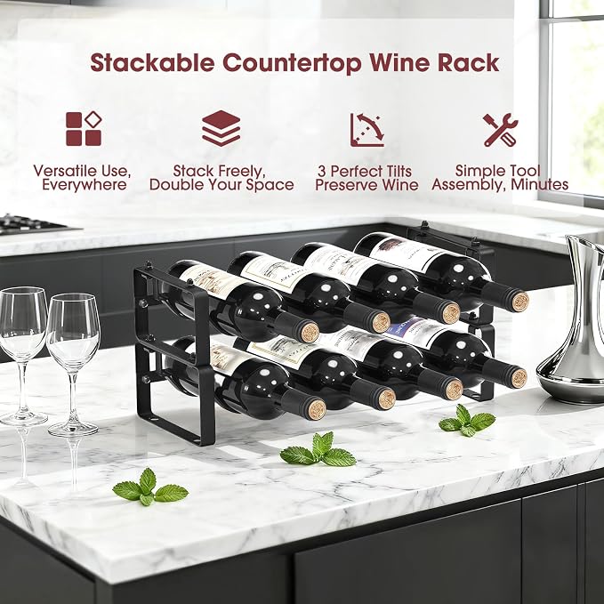 Stackable Wine Rack Countertop, 8 Bottles Wine Bottle Holder for Inside Cabinet, Small Tabletop Wine Holder Stand for Pantry Bar, 2-Tier Angle Adjustable Wine Bottle Rack for Tight Spaces - Image 2