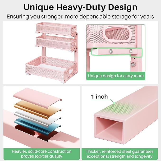 Kitstorack Under Sink Organizer, 1-Pack 3-Tier Height Adjustable Thickened Metal Pull out Cabinet Organizer Shelf, Slide out Storage Drawer Rack for Bathroom Kitchen Pantry Home Organization, Pink - Image 6