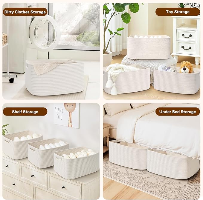 4 Pack Large Storage Basket for Organizing, 17.5"x13"x7" Woven Basket for Shelves, Closet Cube Storage Bins with Wrapped Handle, Cotton Rope Baskets for Kitchen, Clothes, Toys(Off White) - Image 6