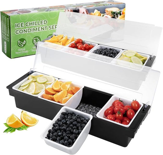 2-Pack Condiment Caddy with Lid, 4-Compartment, Ice Space Base | Under-tray ice space keep food chilled,4 removable trays for quick refill,finger grips,frosted cover,for bars buffets parties by POWLAB